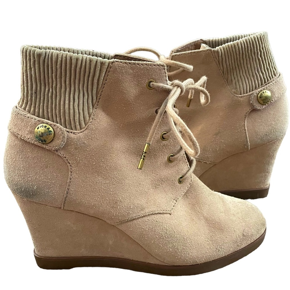 Michael Kors - Tan Suede Lace Up Ankle Booties Wedges
